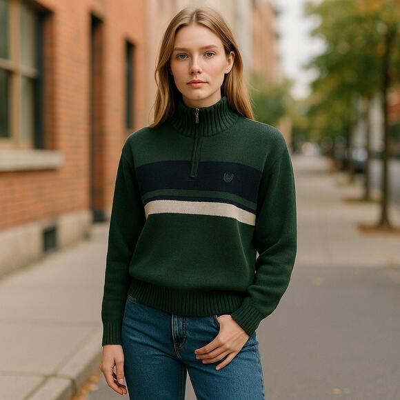 Chaps Mens Sweater M Green Cream Navy Blue Stripe Quarter Zip Vintage - Picture 1 of 9